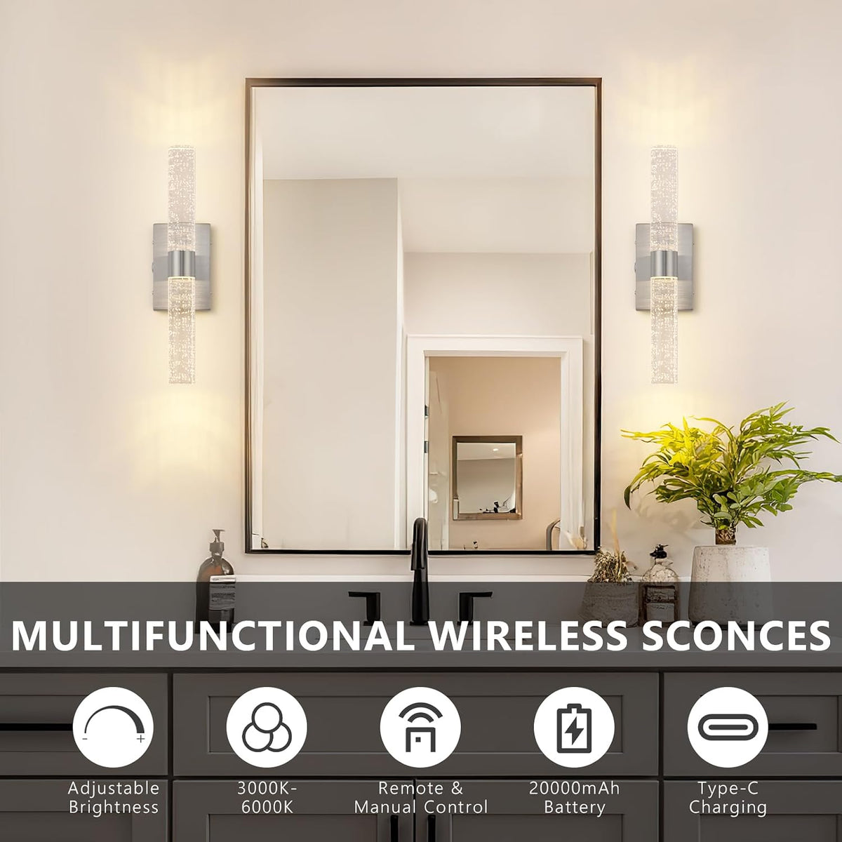 Battery Operated Wall Sconces Set of 2, 20000mAh Rechargeable Wall Light | Remote Control 3000K-6000K Dimmable LED