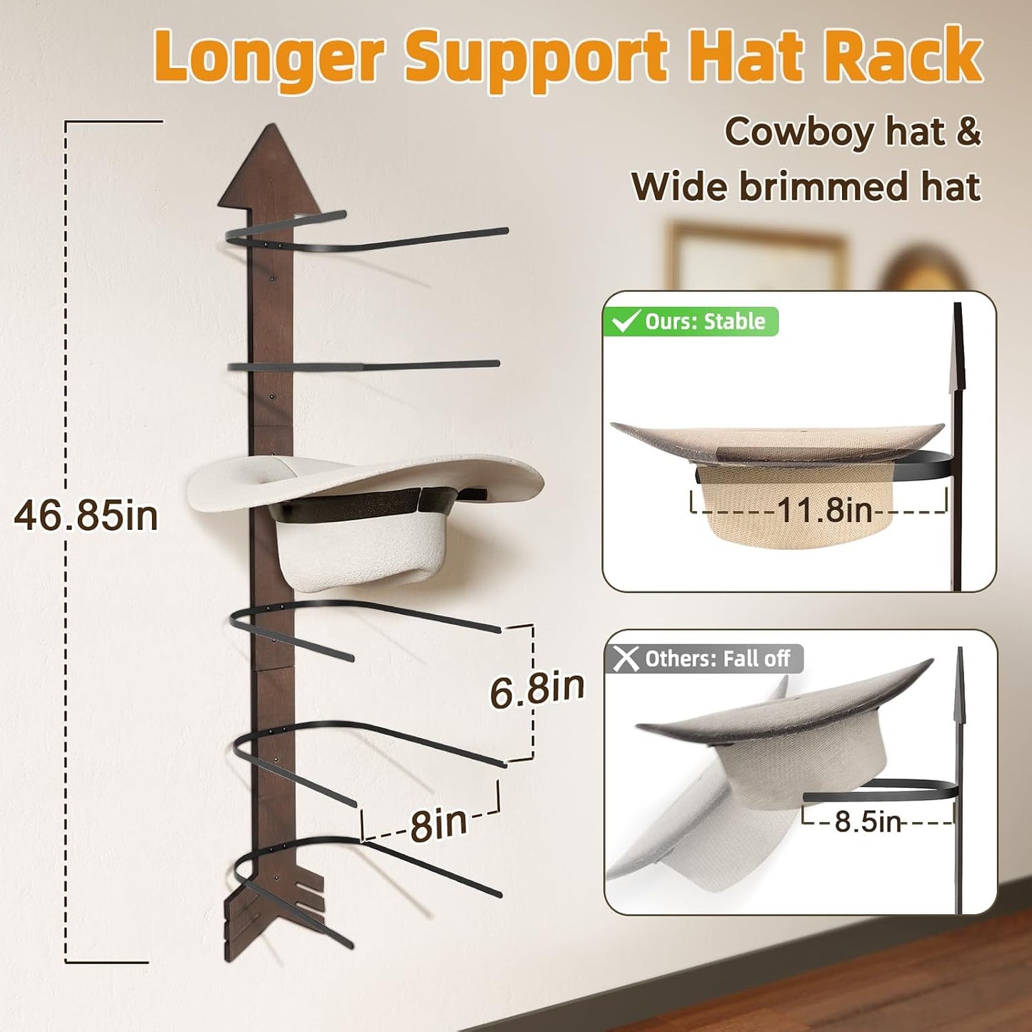 Cowboy Hat Rack Wall Mount, Solid Wood Arrow Design 6PK Cowboy Hat Holder | Western Decor, Hat Organizer Storage, Hat