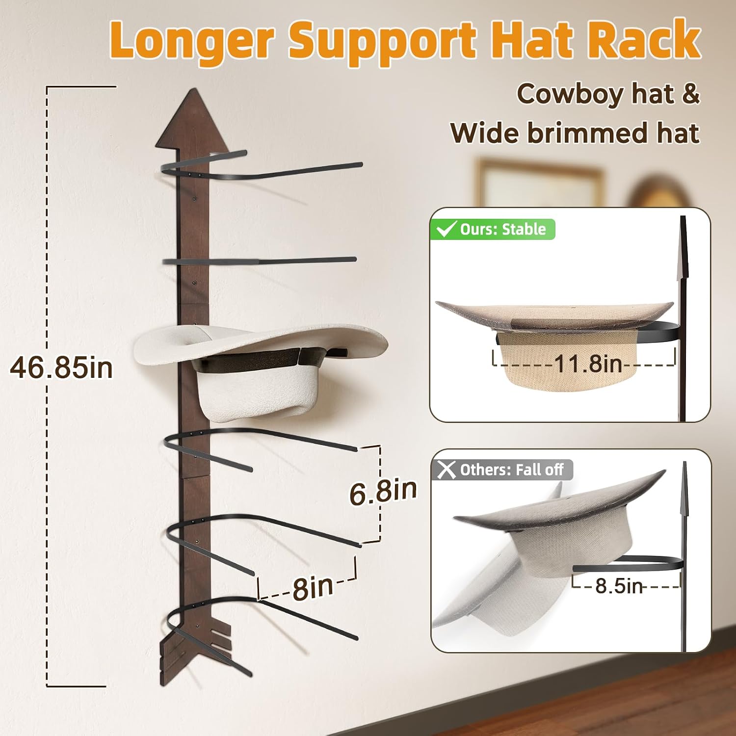 Cowboy Hat Rack Wall Mount, Solid Wood Arrow Design 6PK Cowboy Hat Holder | Western Decor, Hat Organizer Storage, Hat
