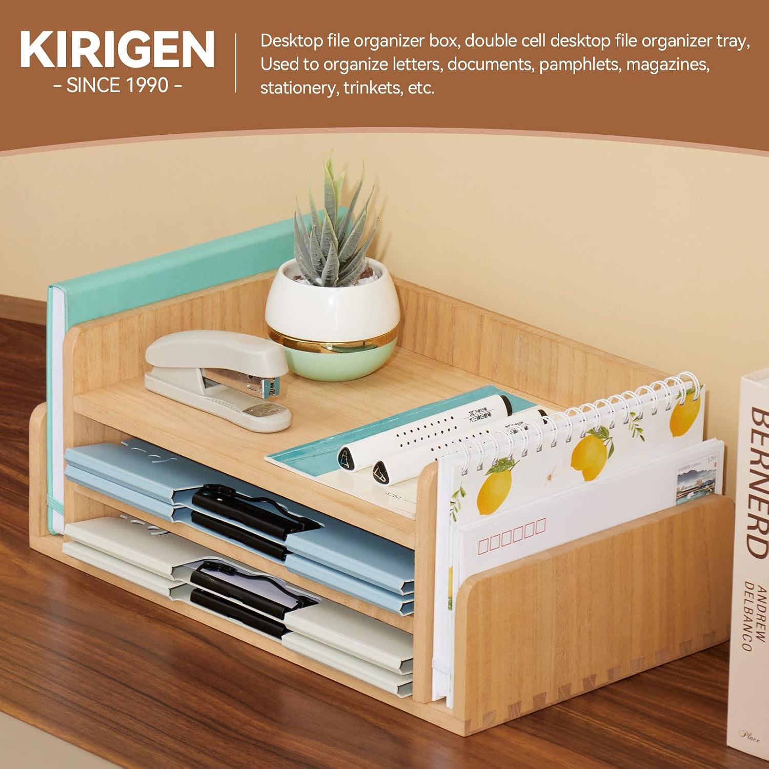 KIRIGEN Wood Desk Organizer, 5-Tray Letter Tray and Mail Sorter Natural 2TP | Solid Wood 3-Tier Desktop Organizer with