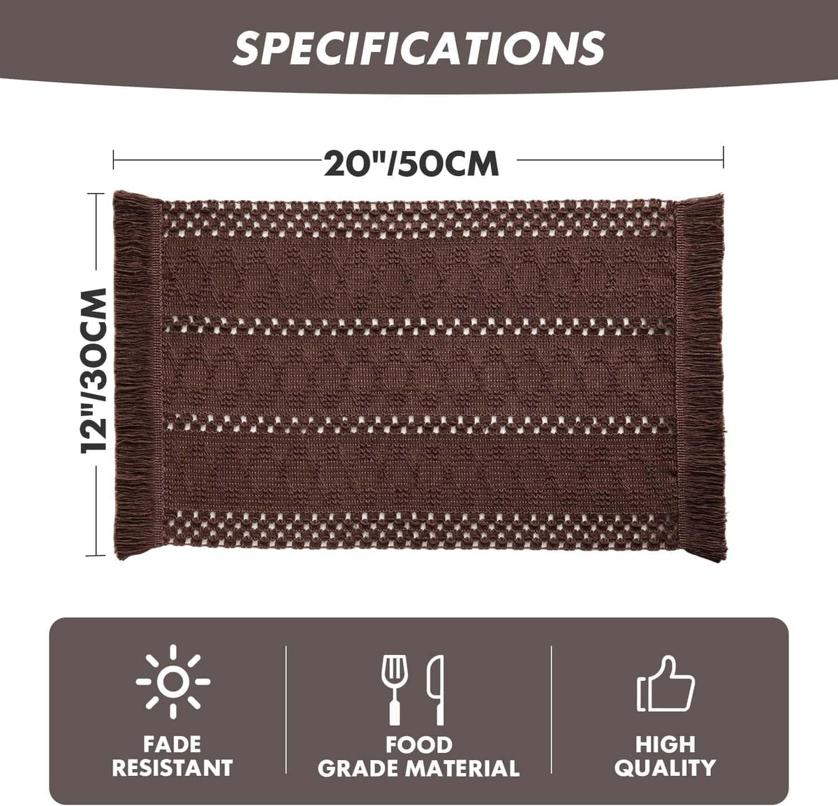 Macrame Style Boho Placemats Set of 6, Chocolate 12x20 Inch | Decorative Farmhouse Table Mats, Natural Cotton Woven