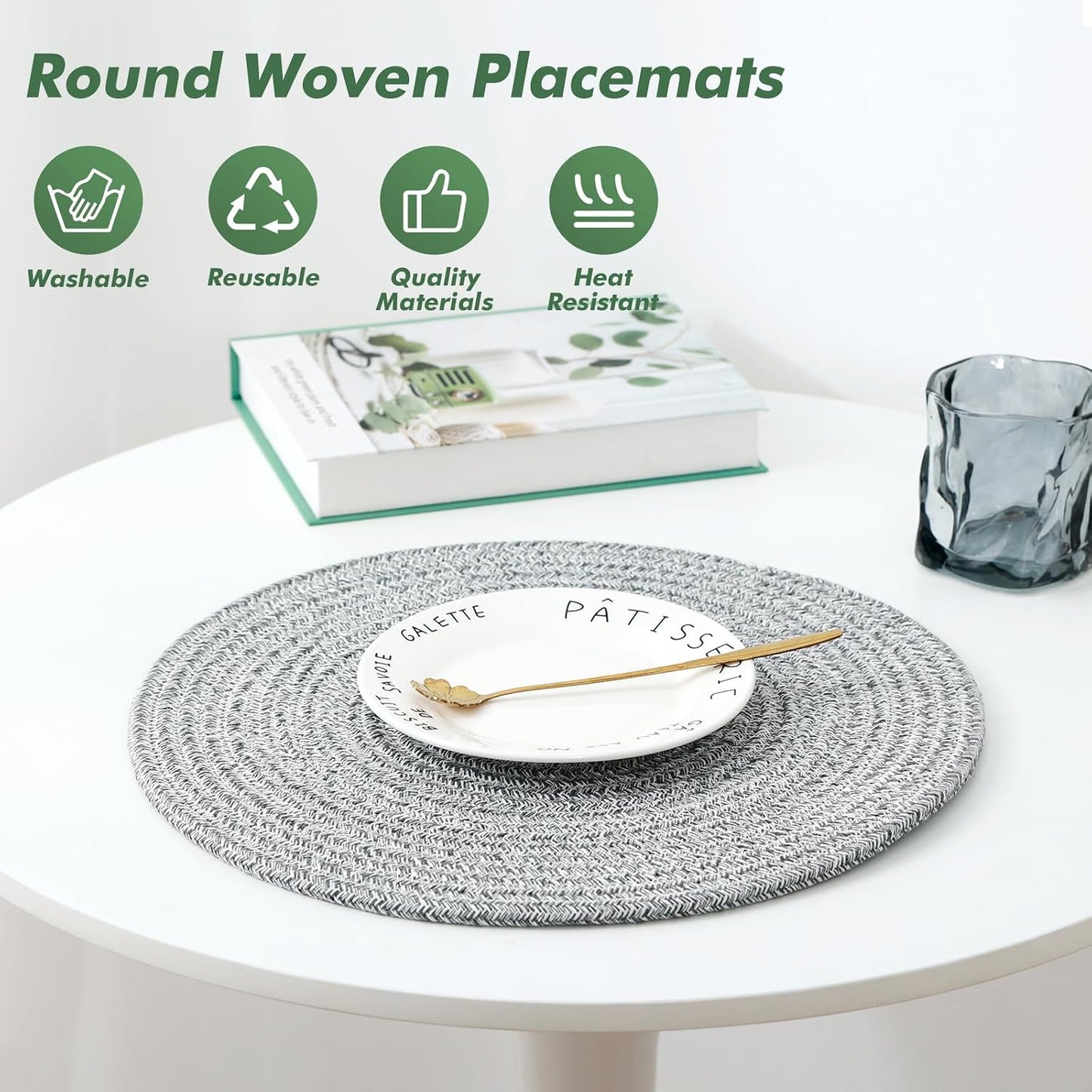 8 Pack Round Woven Placemats 13.5 Inches Heat Resistant Placemats Farmhouse Cotton Rope Braided Place Mats for Dining