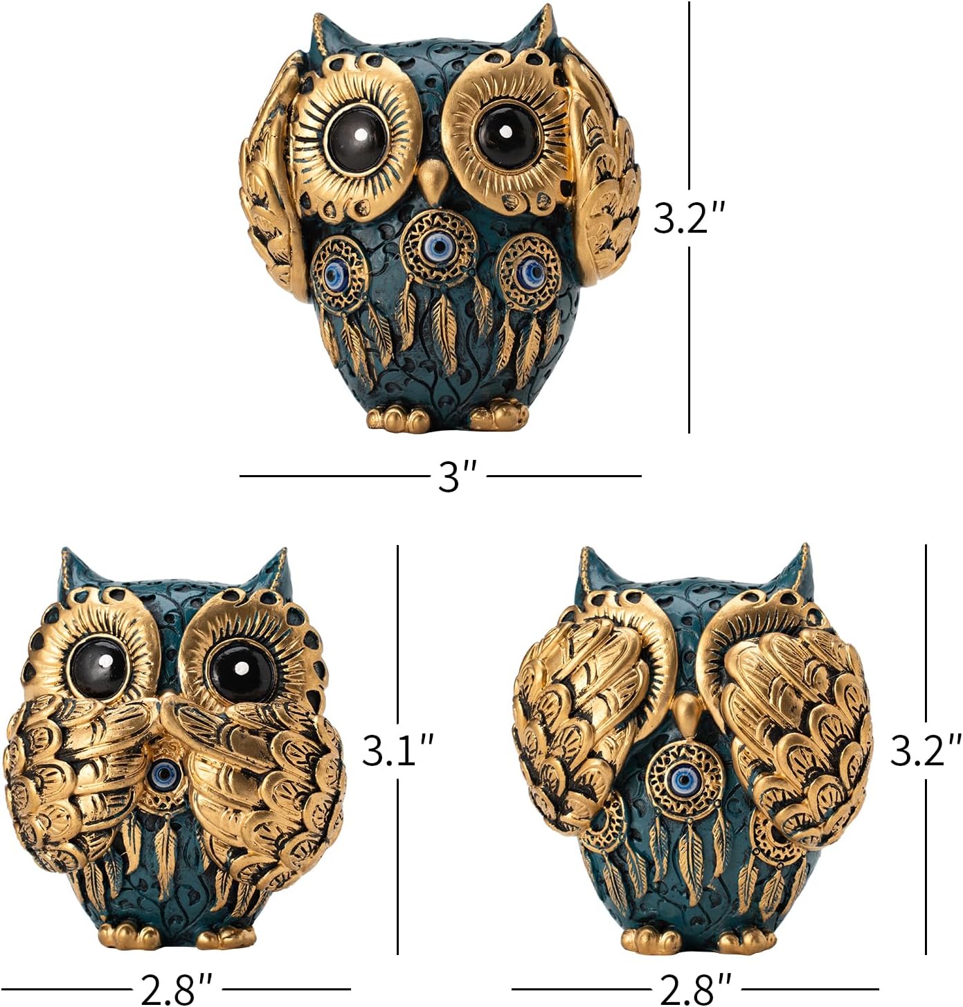 Decorative See No Evil Hear No Evil Speak No Evil Owl Figurines / Blue / Set of 3