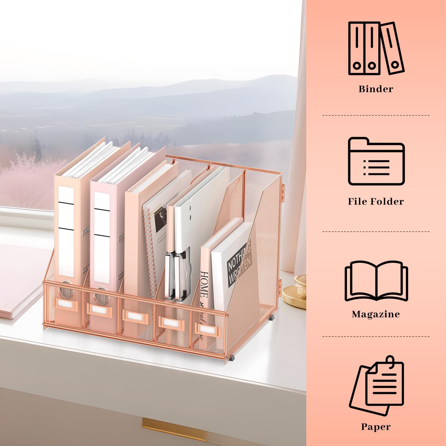 Desk Organizers Metal Desk Magazine File Holder with 5 Vertical Compartments Rack File Organizer for Office Desktop
