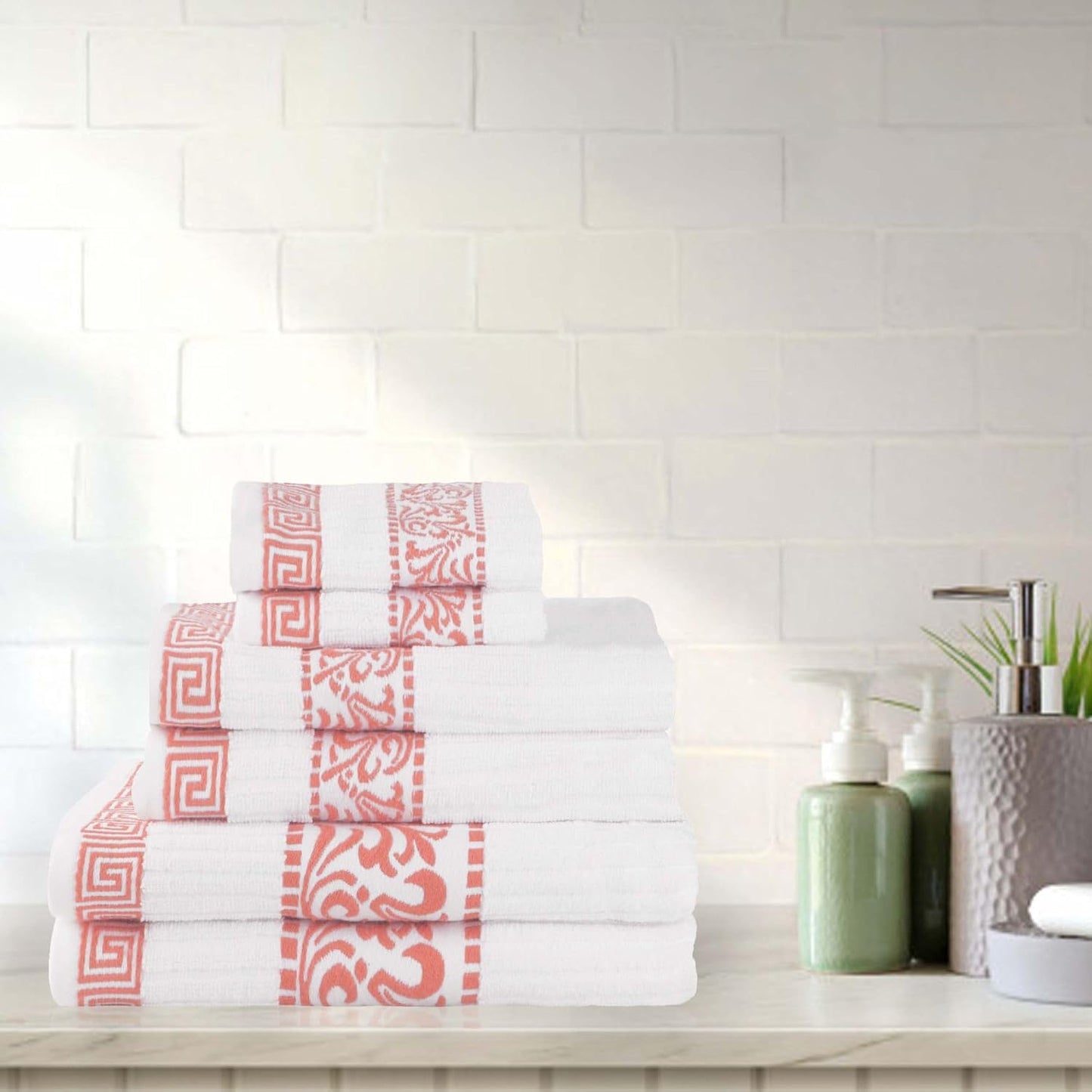 Superior 6-Piece Cotton Towel Set, Decorative Greek Pattern, Home Essentials, Absorbent Towels, Bathroom Decor, Spa