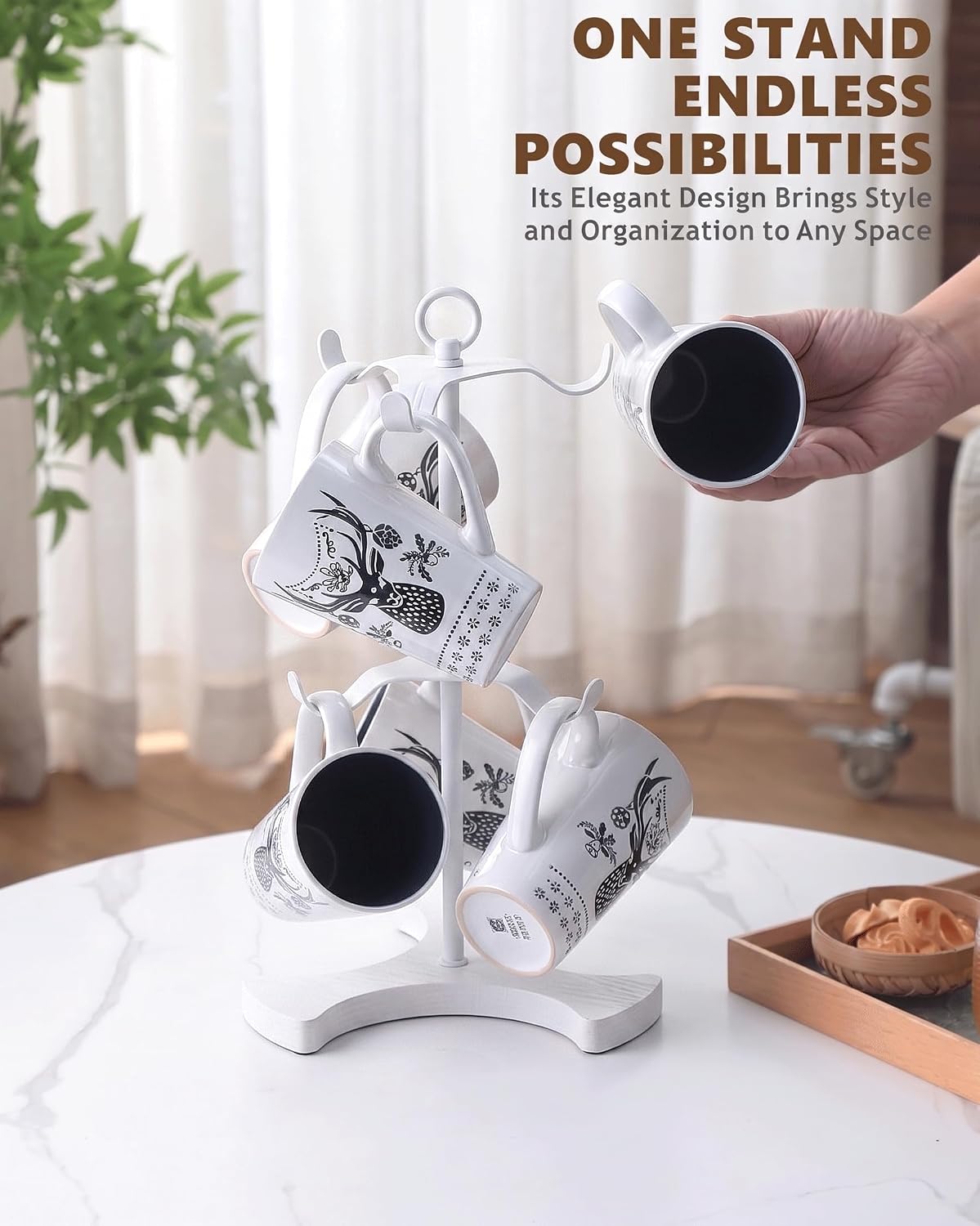 2-Tier White Coffee Mug Holder for Countertop, Mug Tree with 6 Spaced Hooks for Large Mugs, Metal Coffee Cup Rack with