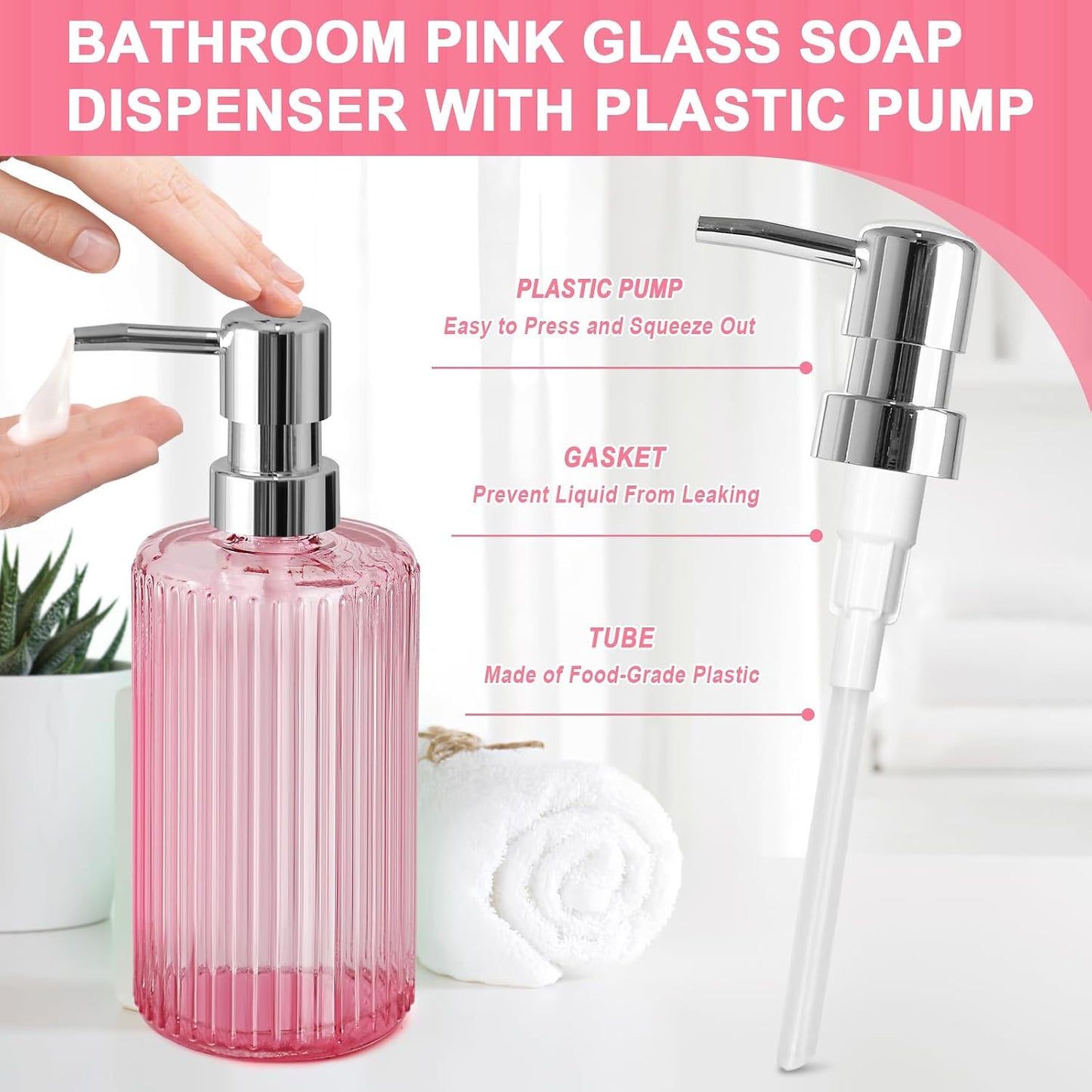 Pink Bathroom Accessories Set, 4 Pcs Glass Bathroom Accessory Set, Pink Soap Dispenser and Toothbrush Holder Set, Qtip
