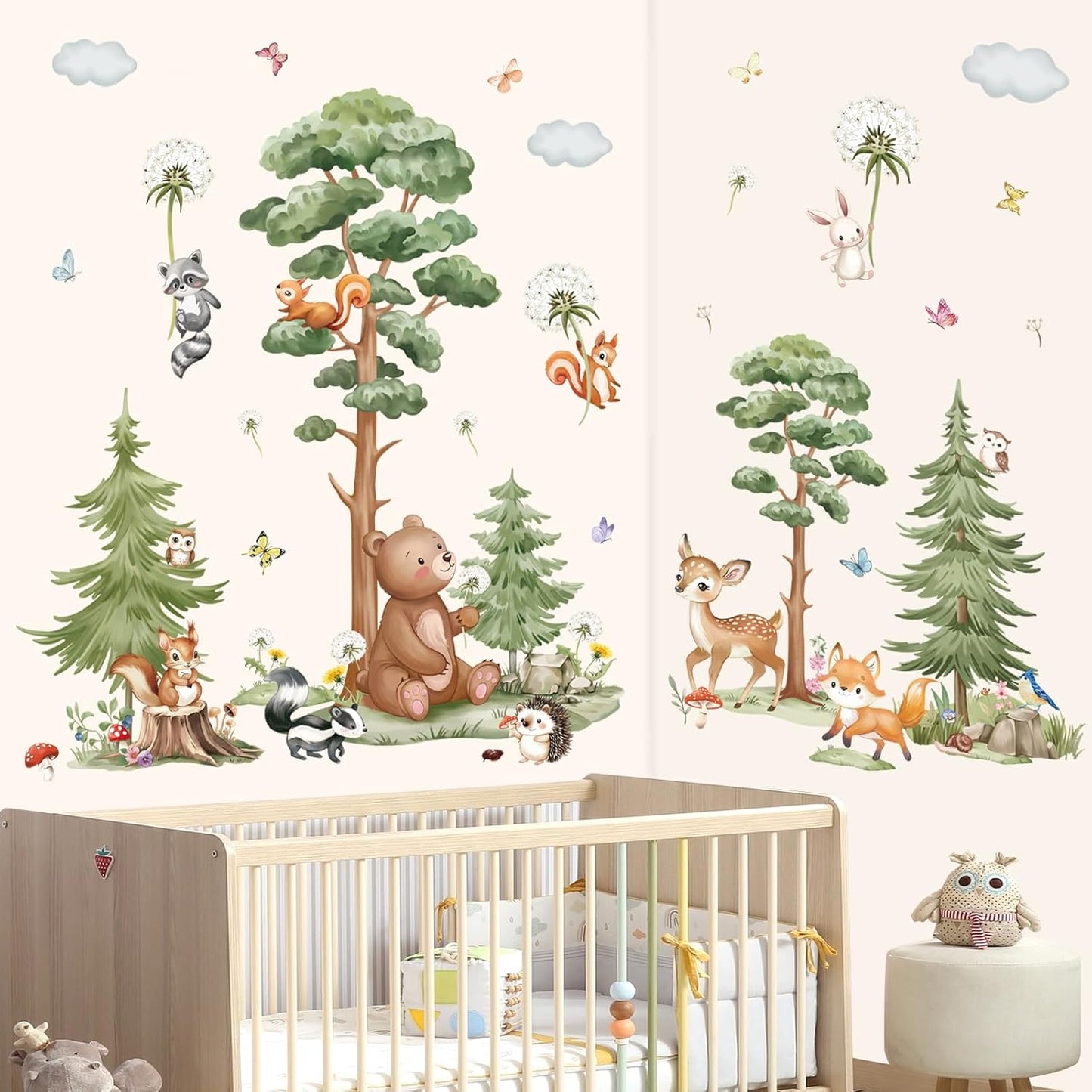 Large Woodland Animal Tree Wall Stickers Forest Animals Bear Deer Dandelion Peel and Stick Wall Art