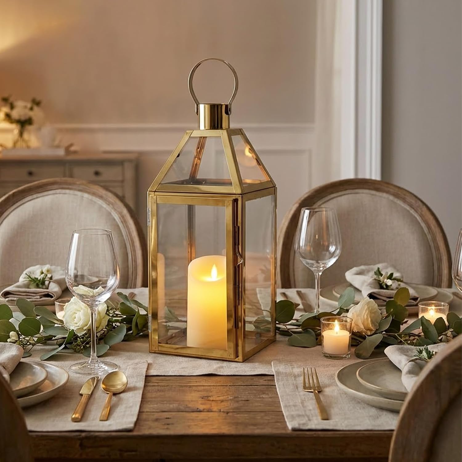 JHY Design Gold Decorative Lanterns 16" H Stainless Steel Candle Lanterns with Tempered Glass for Indoor Outdoor Events