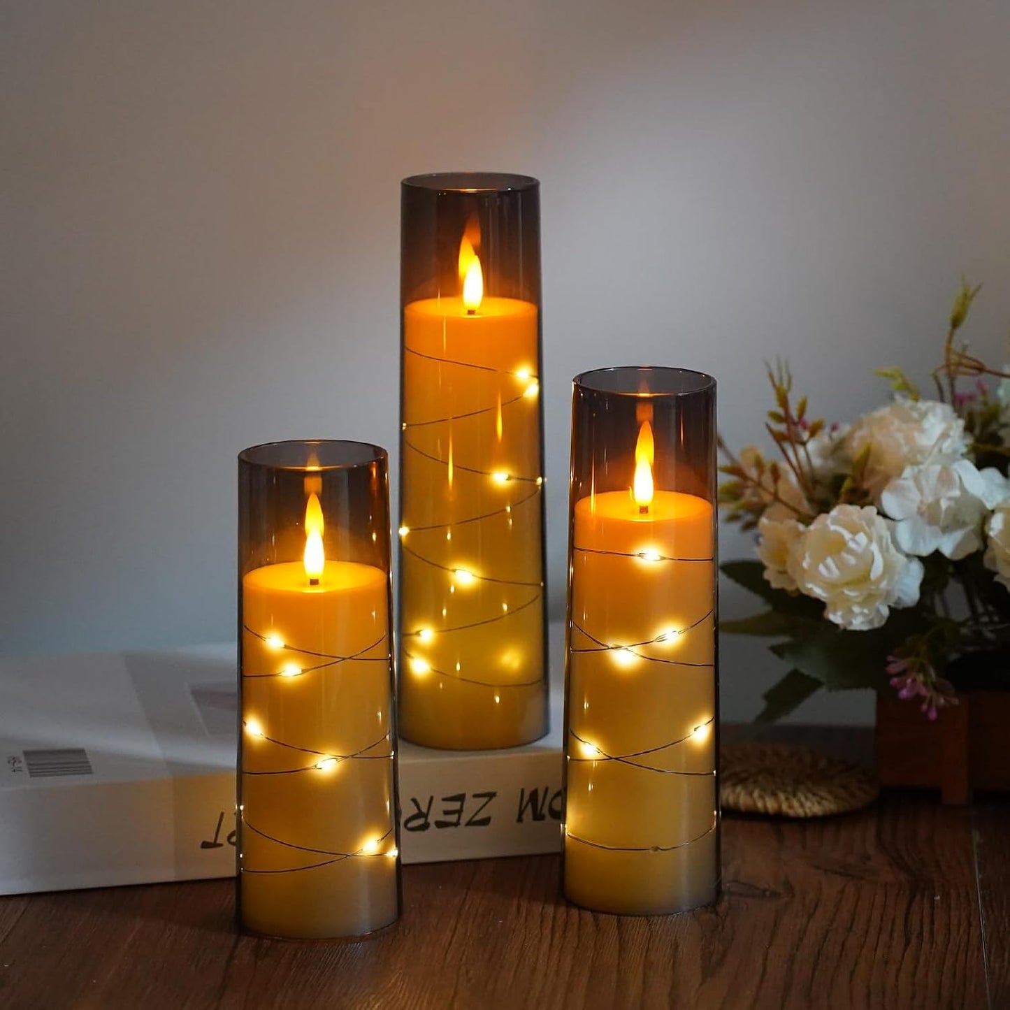Flameless Candles,with Embedded Star String, Battery Operated Candles Flickering LED Pillar Candles with Remote Control