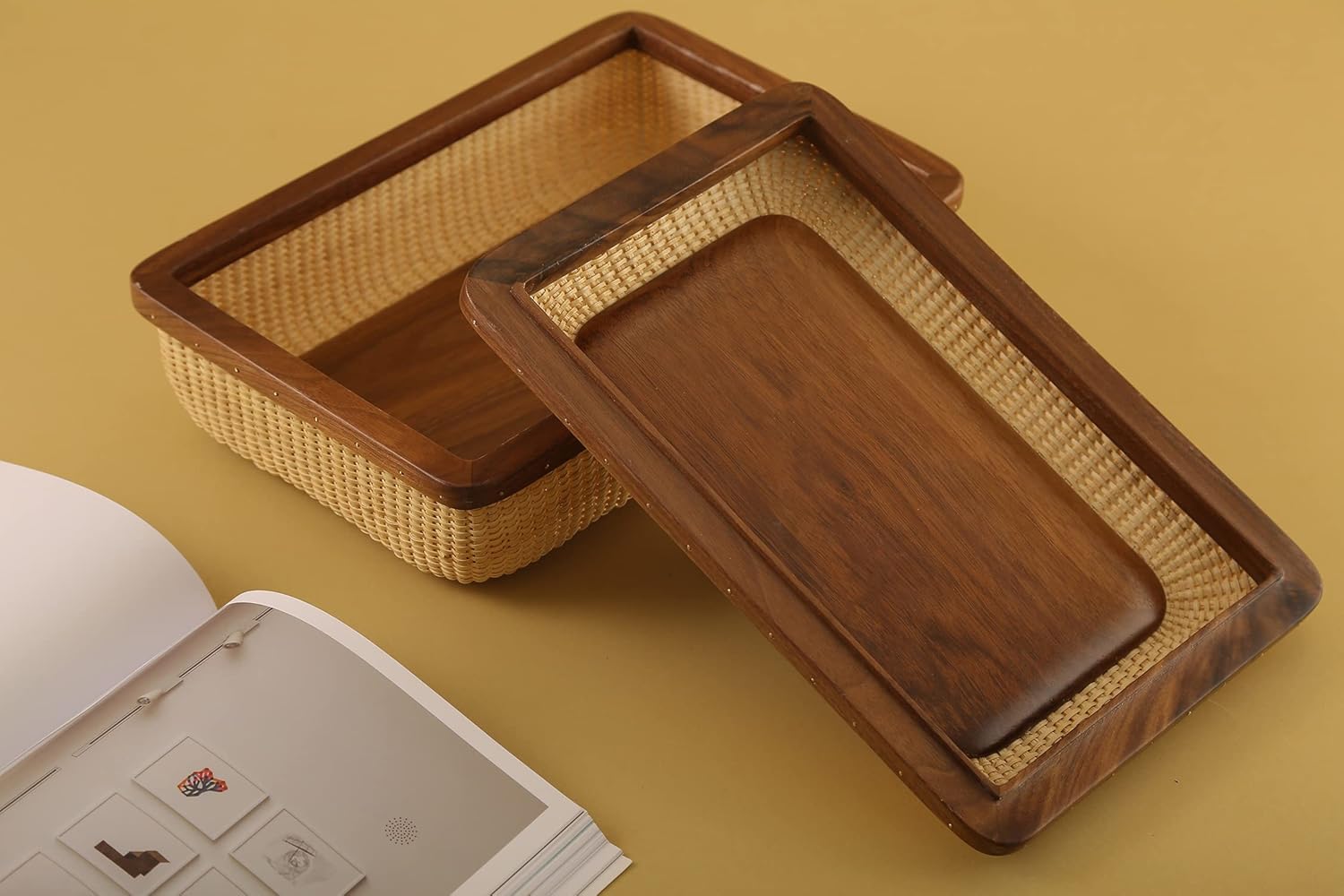 Natural Cane Weave Storage Basket / Black Walnut Height7.5in