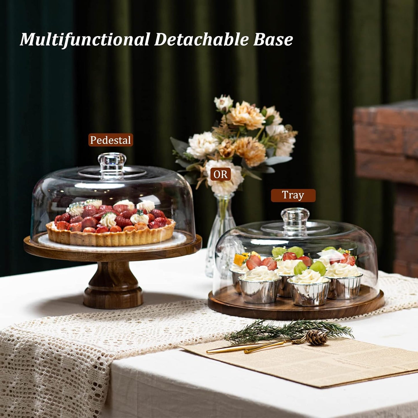 Wooden Cake Display Stand / Acrylic Dome -footed