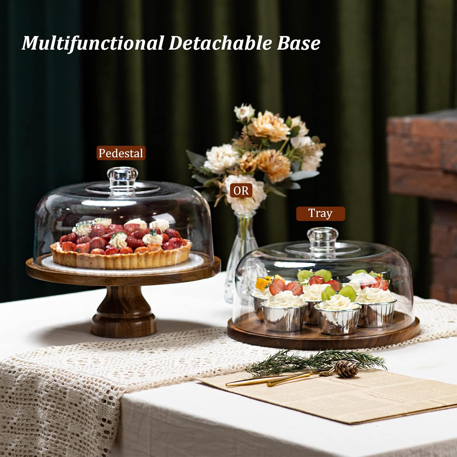 Wooden Cake Display Stand / Acrylic Dome -footed