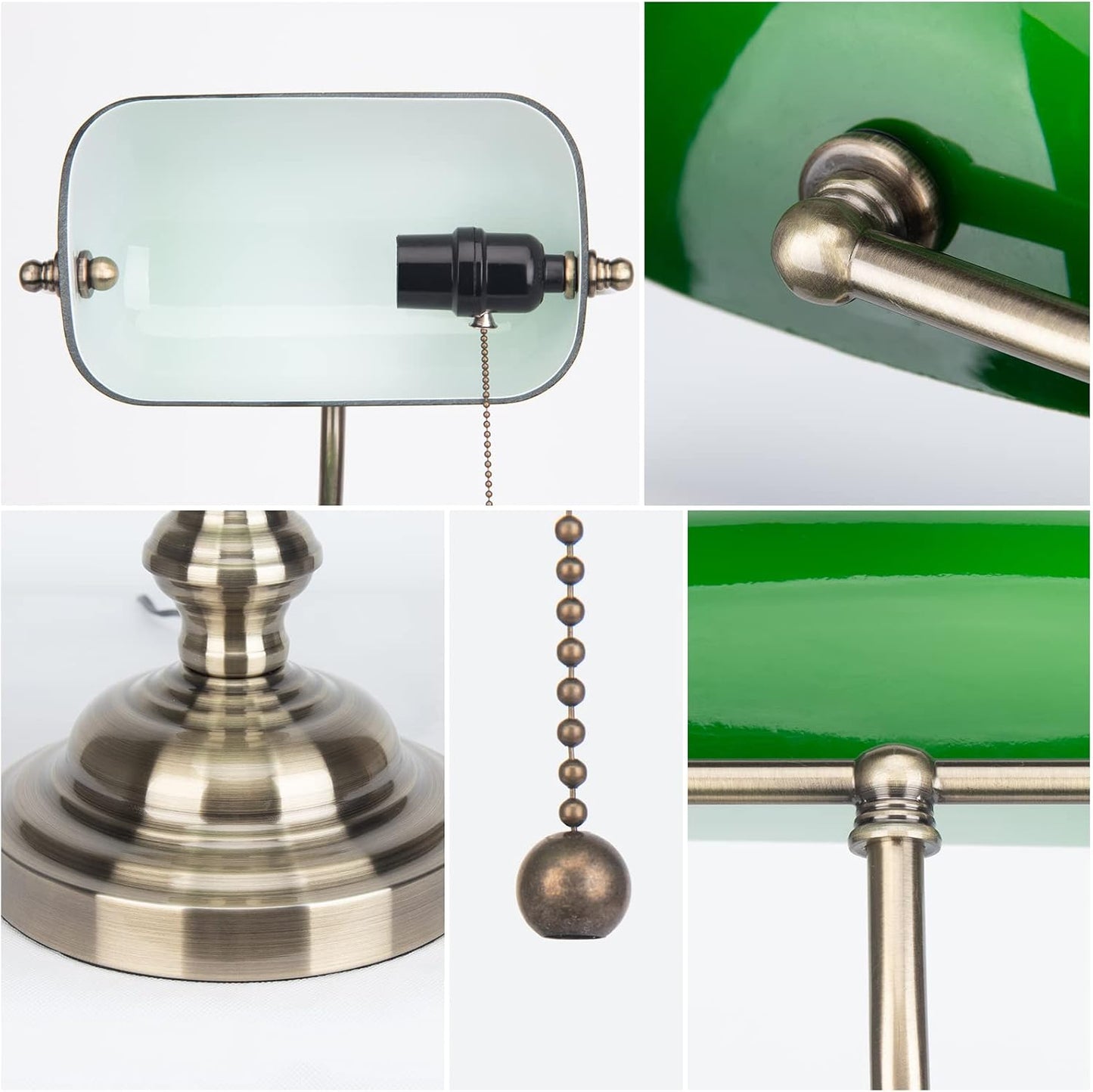 Green Glass Bankers Desk Lamp,Green Bankers Lamp with Brass Finish Base, Traditional Library Lamp with Pull Chain, E26