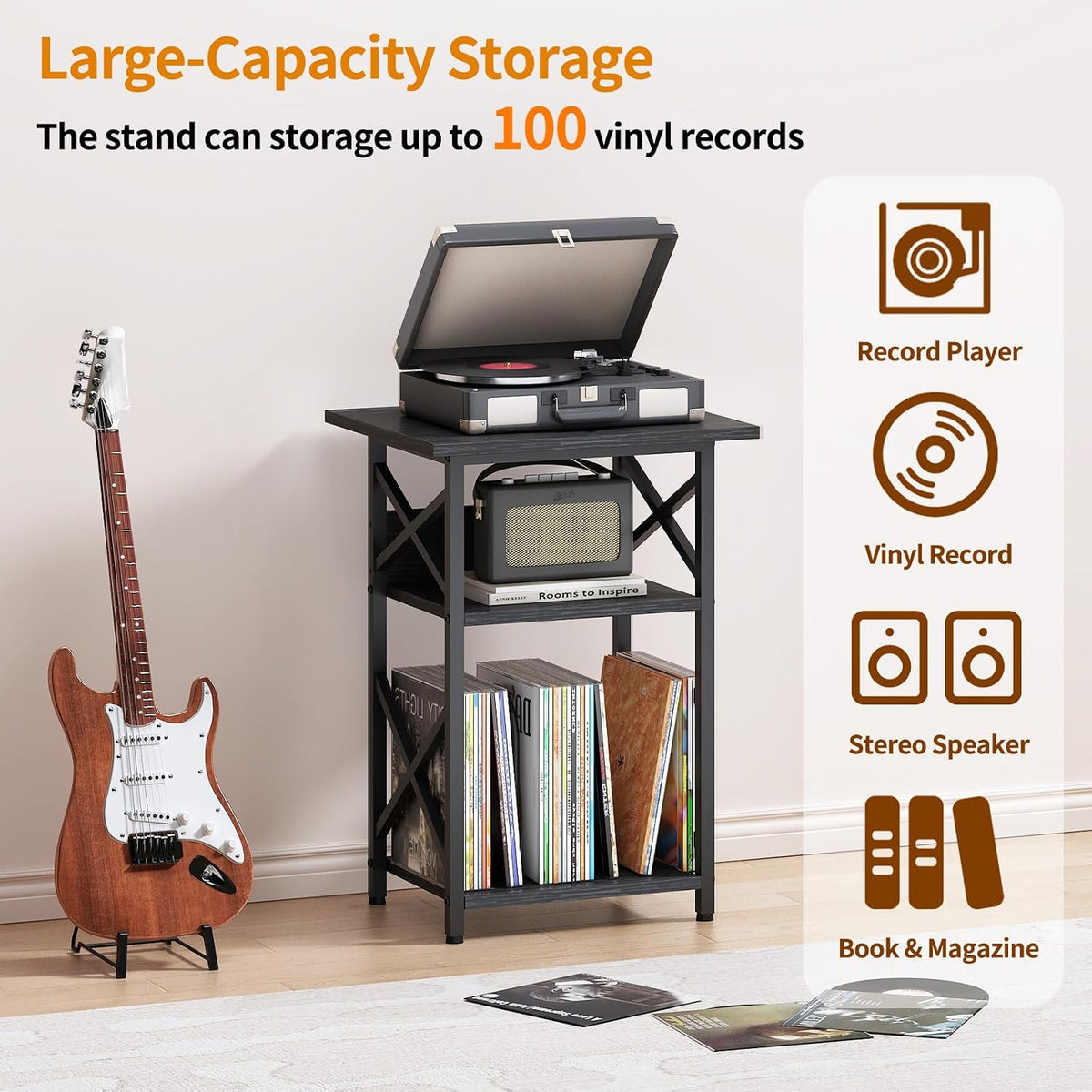 Record Player Stand with Large Desktop, Record Player Table with Vinyl Storage, 3 Tier End Table with Dividers