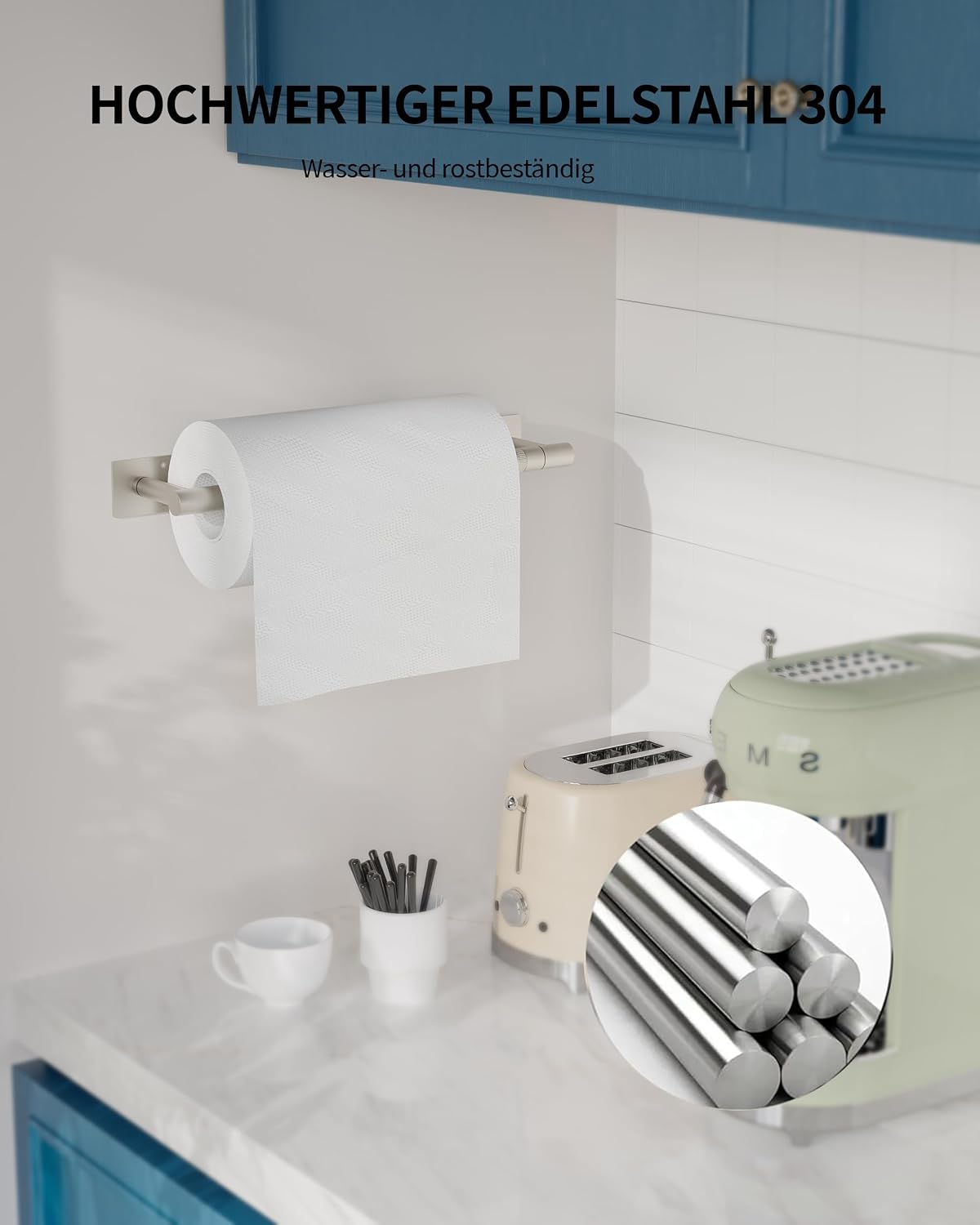 Paper Towel Holder Under Cabinet with Damping Single Hand Operable | 304 Stainless Steel Brushed Nickel Post Pivoting