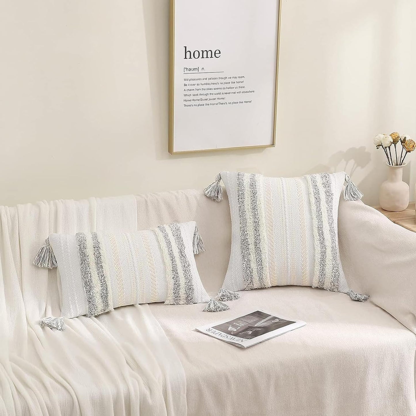 Summer Decorative Boho Throw Pillow Covers / 18 x 18 / Light Grey and Cream White / Set of 2