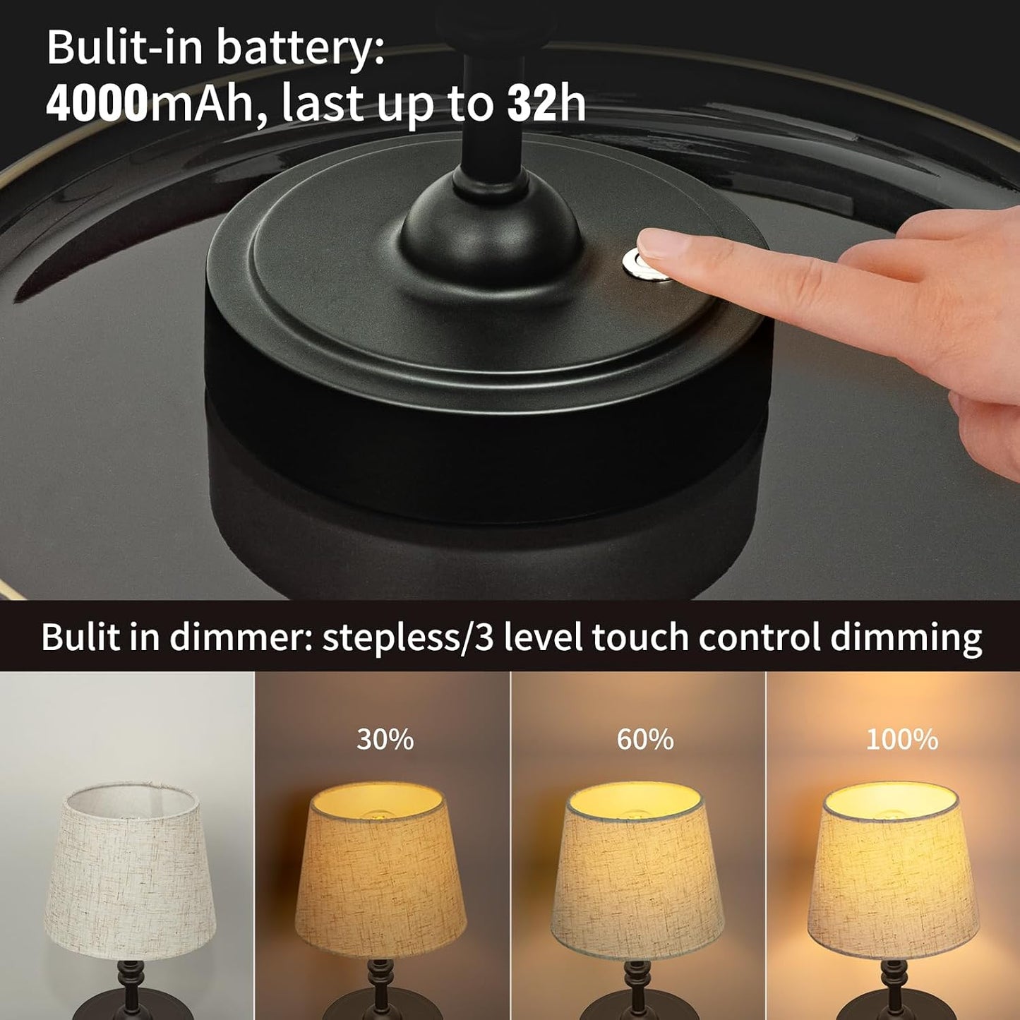 ONEWISH Small Cordless Lamp, Battery Operated Table lamp Dimmable, 4000mAh Rechargeable, Touch Bedside Lamp with Beige