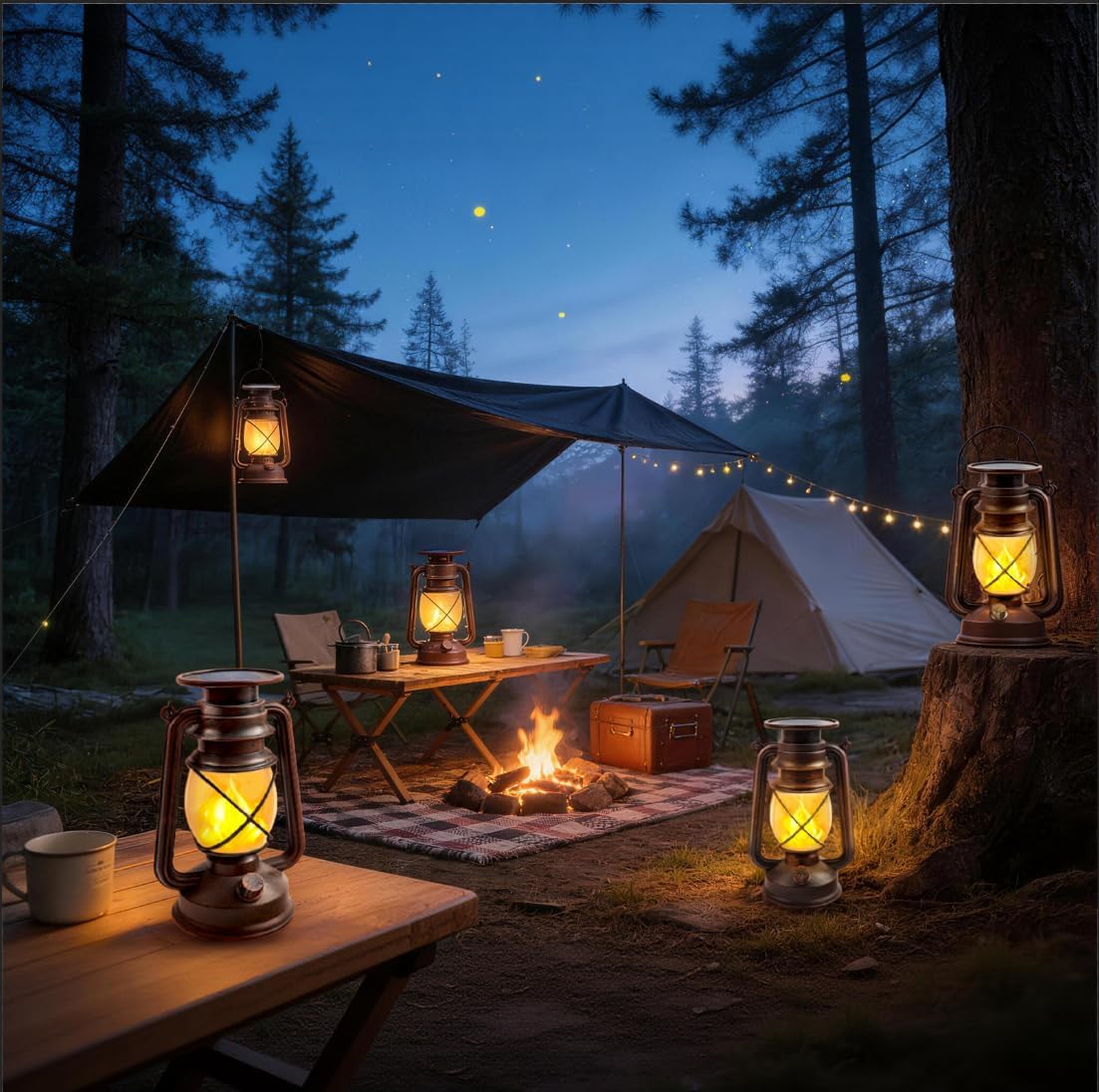 Solar Lanterns Outdoor Waterproof, 4 Pack Vintage LED Hanging Lights | Dancing Flame with Auto On/Off, Bronze Ambient