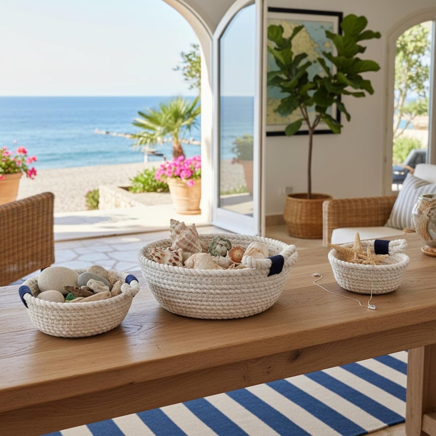 Coastal Centerpiece Woven Baskets Small Seashell Baskets / 5 Inch / Set of 3
