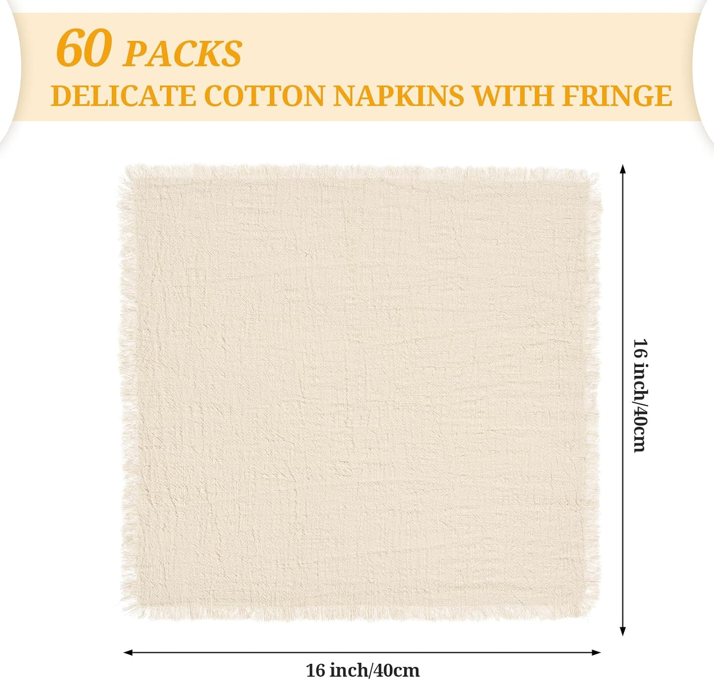Pesonlook 60 Pcs Natural Cotton Linen Napkins with Fringe, 16x16 Inches | Handmade Cotton Cloth Napkins with