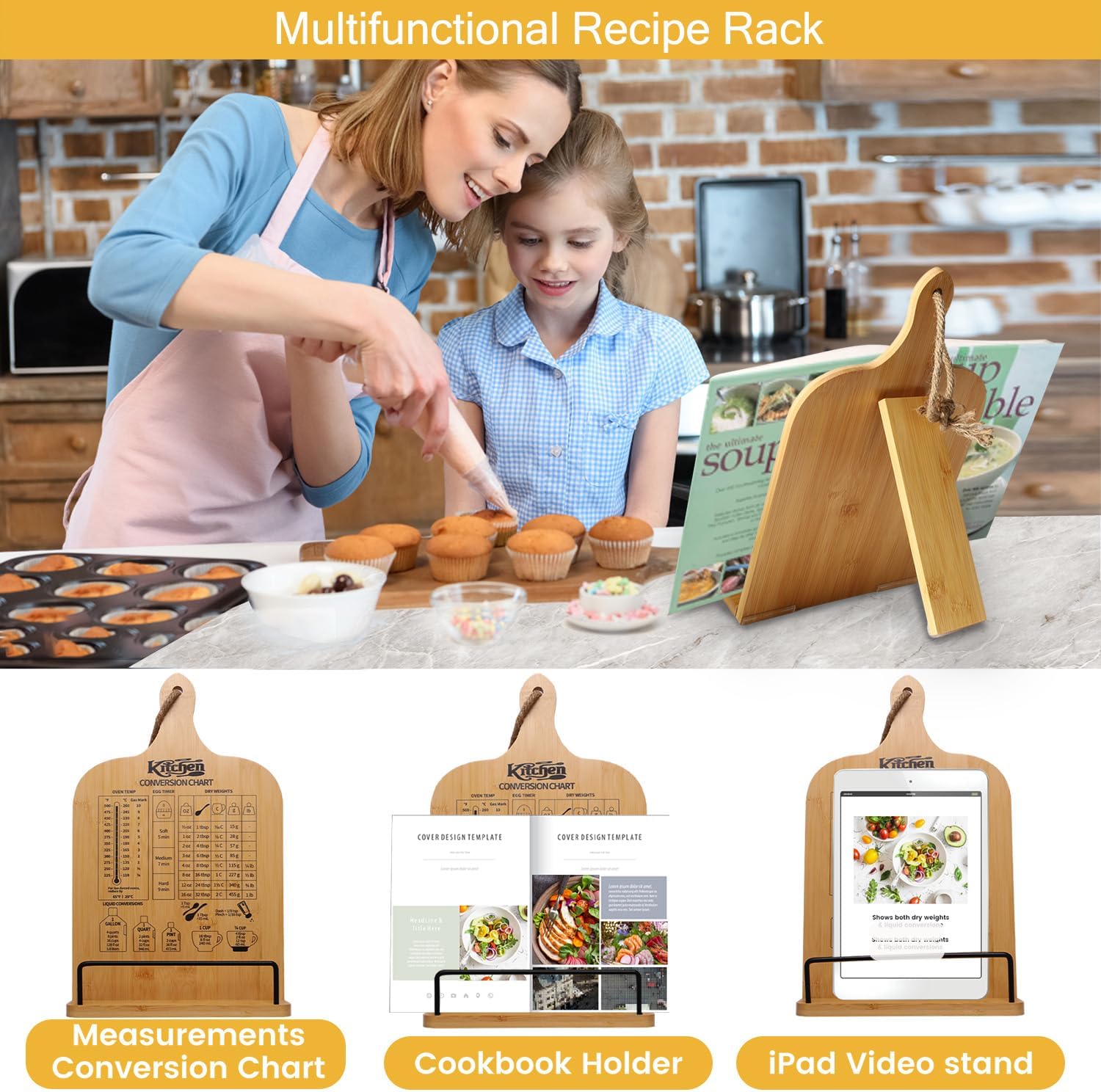 Cookbook Stand for Kitchen Counter, Bamboo Cookbook Holder, Foldable Cook Book Holder, Adjustable Recipe Book Stand