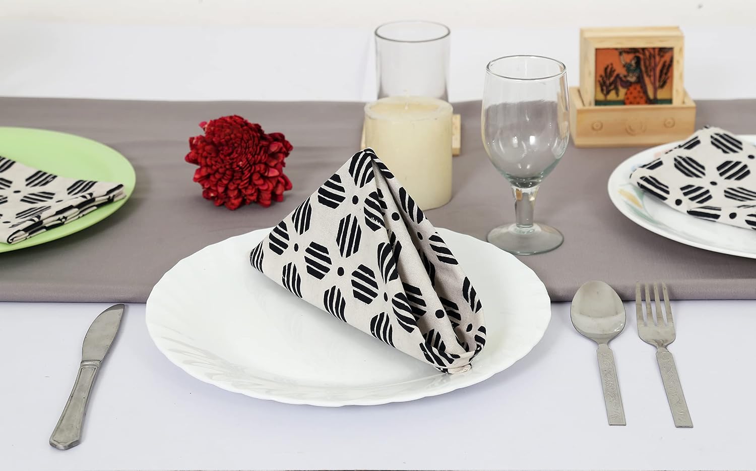 Taran Geometric Beige Print Cotton Dinner Napkins Set of 12 | 18x18 Inches | 100% Natural, Reusable Linens for Dinner