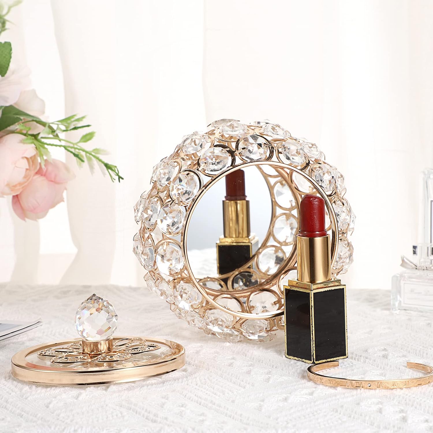 Glass Lid Trinket Organizer Mirrored Treasure Box Ring Holder Earrings Necklace / Small / Gold