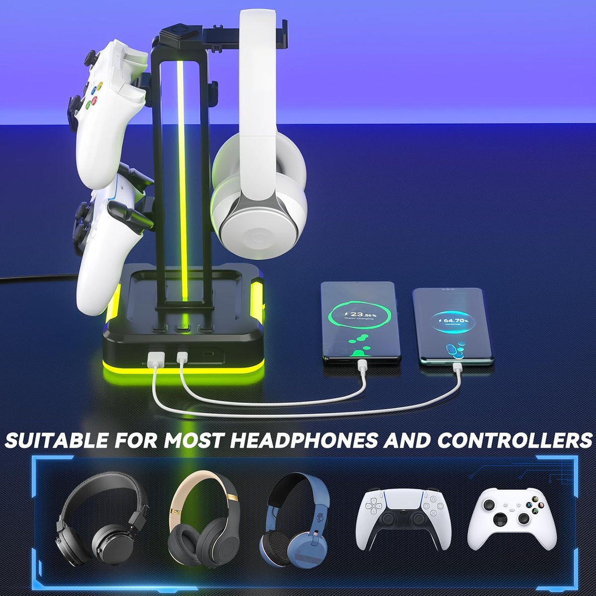 KDD RGB Gaming Headphone and Controller Stand with 2 Type-C and 1 USB Ports | Headset Stand with 9 Light Modes, Headset