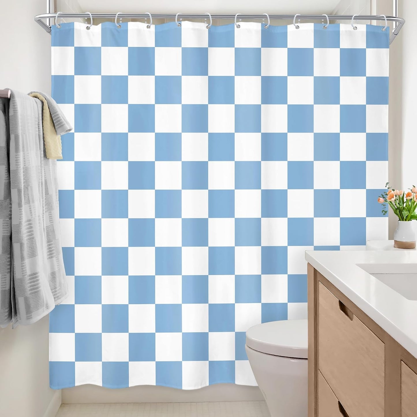 Blue White Checkered Shower Curtain L Vintage Abstract Y2K / 04 Blue White / 72"W x 72"L / 72 x 72