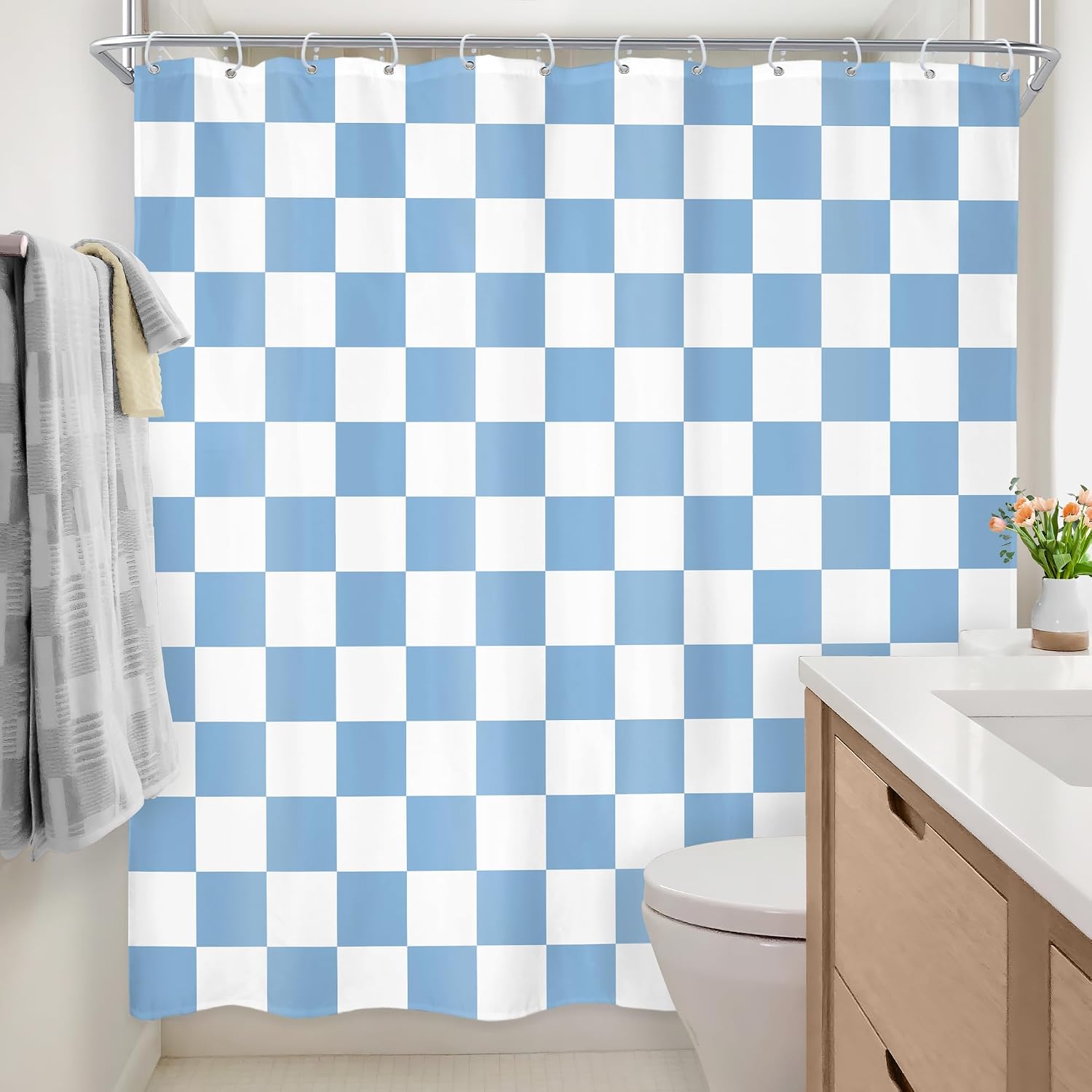 Blue White Checkered Shower Curtain L Vintage Abstract Y2K / 04 Blue White / 72"W x 72"L / 72 x 72