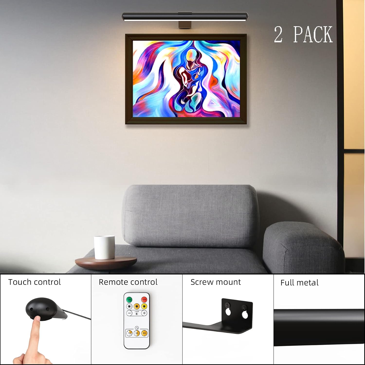 2Pack Wireless Picture Lights with Remote,Battery Operated,16.5'' Painting Lights for Art Picture Full Metal with