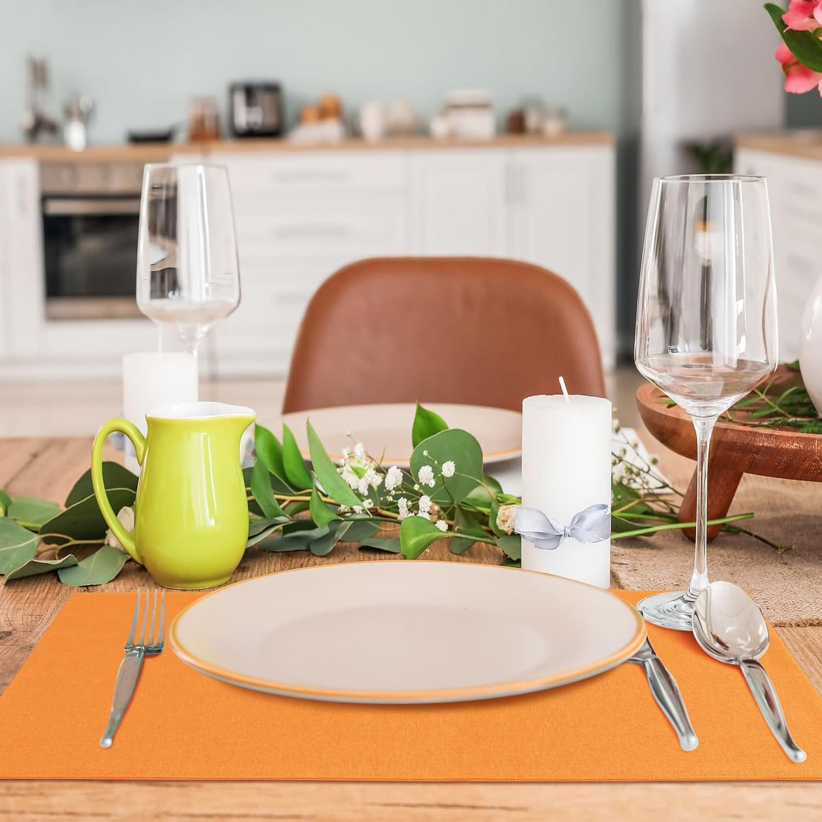 MANSPHIL Orange Placemats Set of 6-13"x19" Linen-Look Fabric Place Mats | Washable Cotton Cloth Table Placemat, Rustic