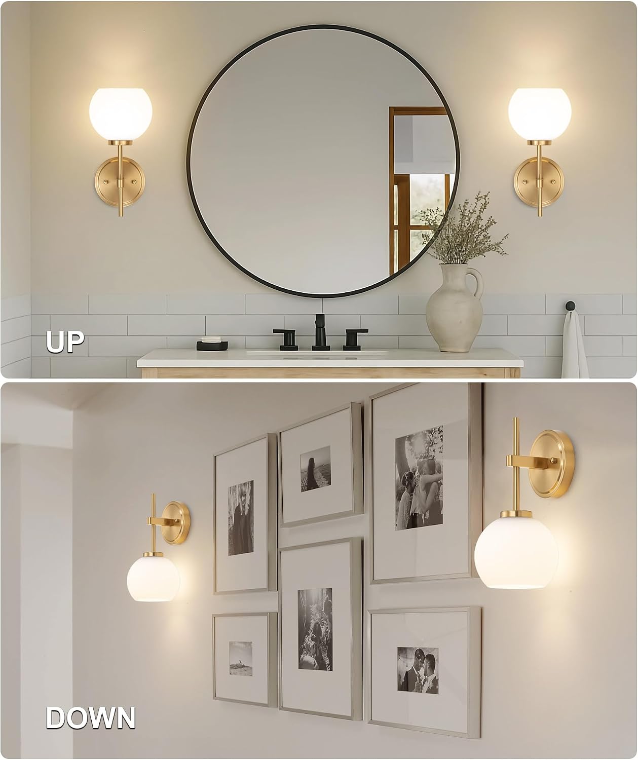 Gold Battery Operated Wall Sconce Set of 2, Wireless Rechargeable Sconces Wall Lighting with Remote Control, LED