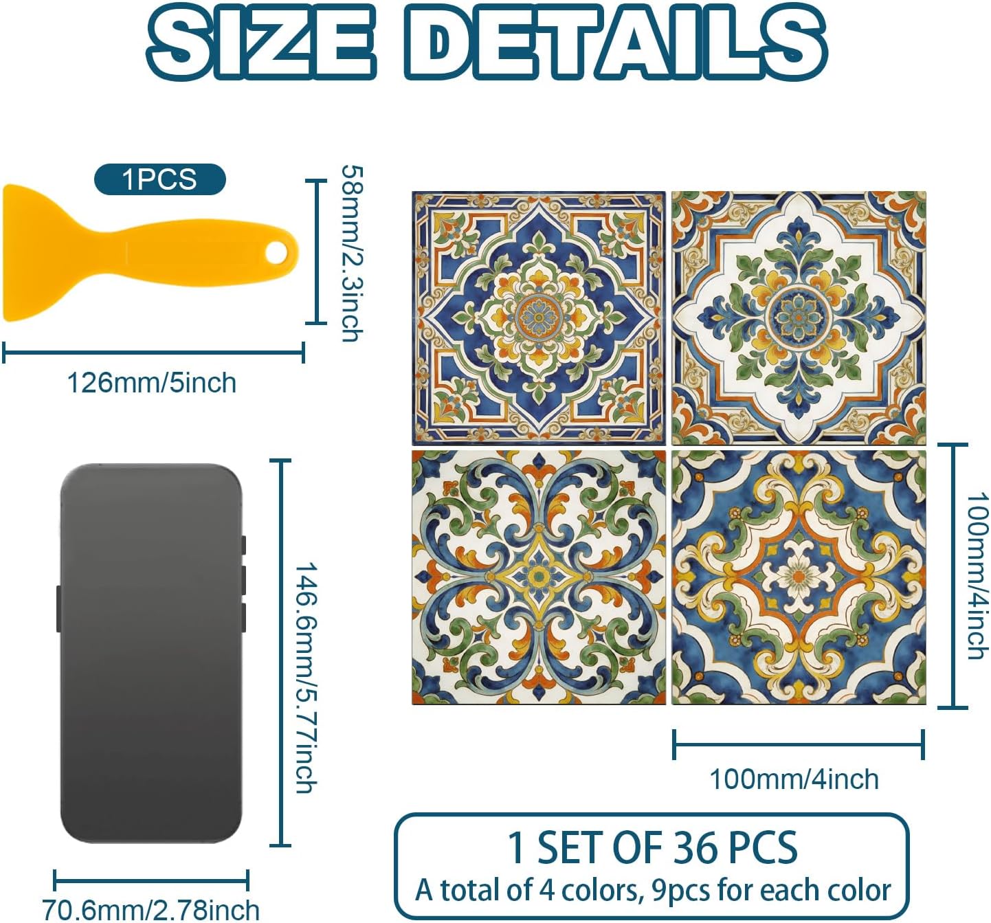 4 Style Tile Stickers Peel and Stick Retro Floral Wall Tile Stickers / Blue Floral / Set of 36