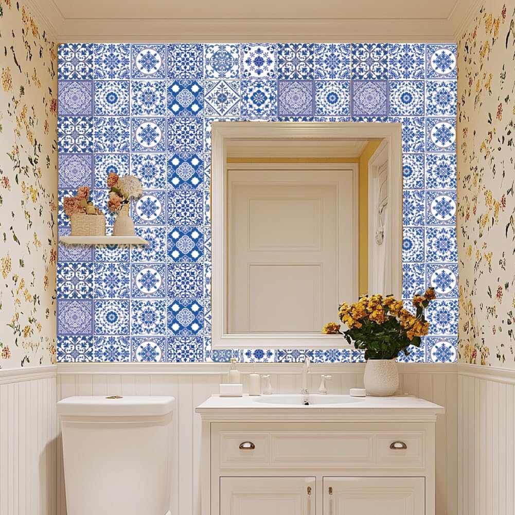 White Tile Stickers Mosaic Style Peel and Stick Backsplash Tile Stickers DIY / Blue / Set of 36