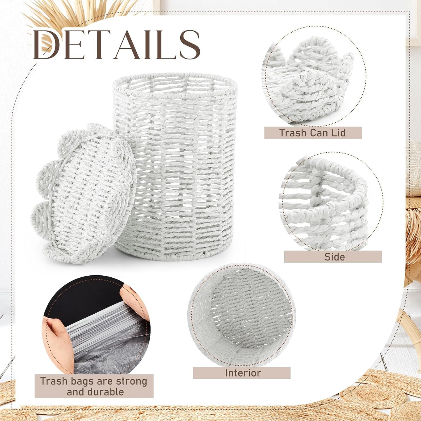 Lid Handle Woven Wicker Rattan Bathroom Waste Basket Boho / Scalloped Style / White / 1.3 Gallons