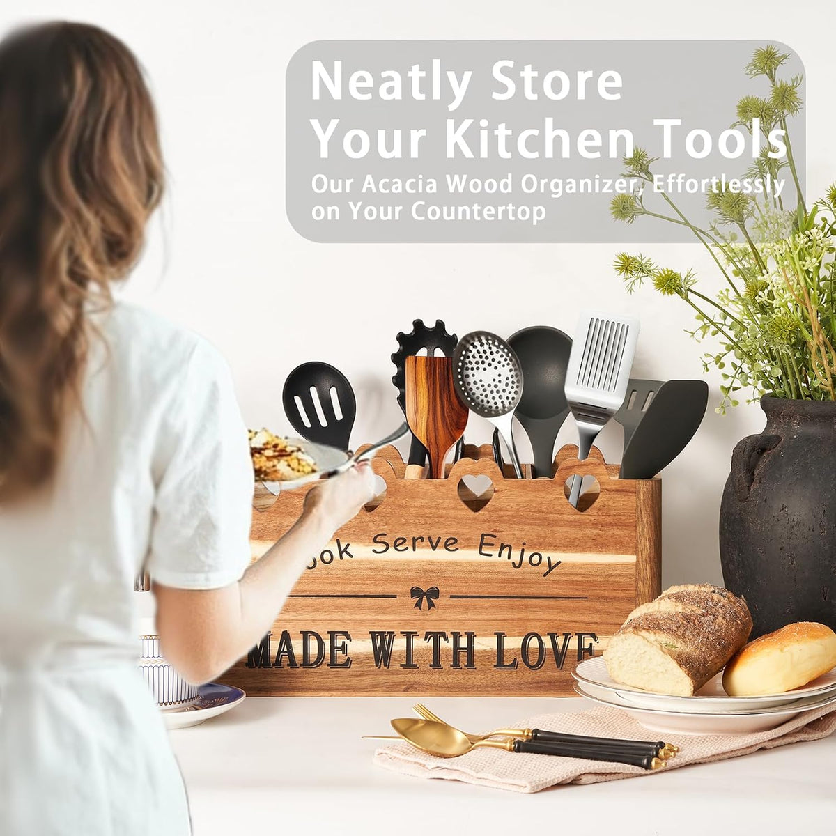 Kitchen Utensil Holder, Large Acacia Wood Organizer for Countertop | Extra Large Farmhouse Style with 4 Compartments