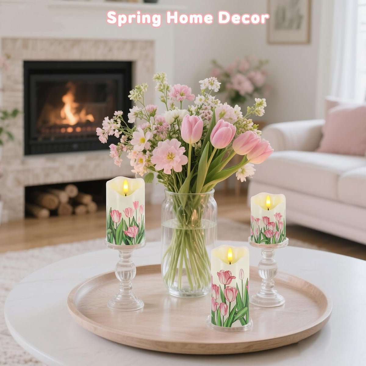 Tulip Flameless Candles Set of 3, Spring LED Candles with Remote & Timer | Flickering Real Wax Pillar Candles Battery