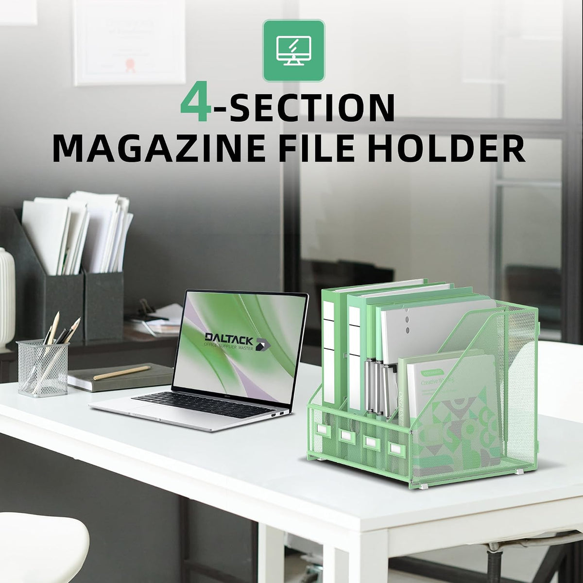 DALTACK 4-Slot Magazine File Holder, Metal Binder Holder, Mint Green | Iron Mesh Construction, Labeled Sections for