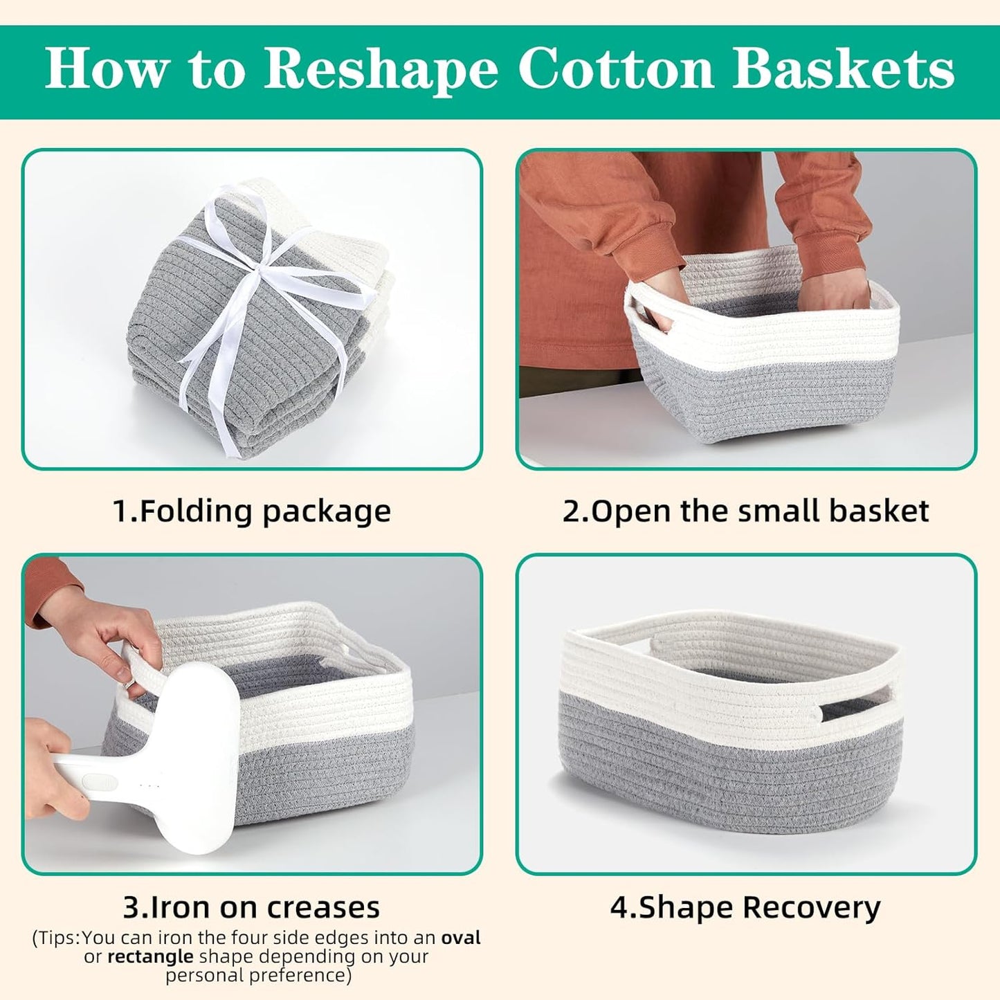 Small Cotton Rope Storage Baskets for Organizing Woven / 11.8 x 7.8 x 5 / White&grey / Set of 3