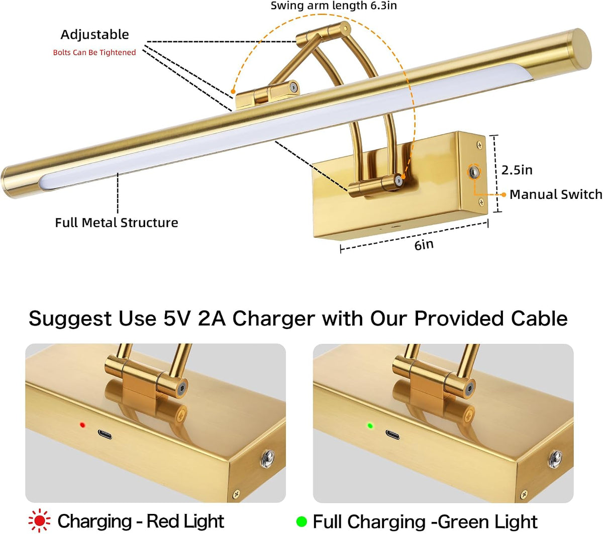 16" Picture Lights for Wall, 8000mAh Rechargeable Wireless Remote | Battery Operated Art Light 3000K/4000K/6000K
