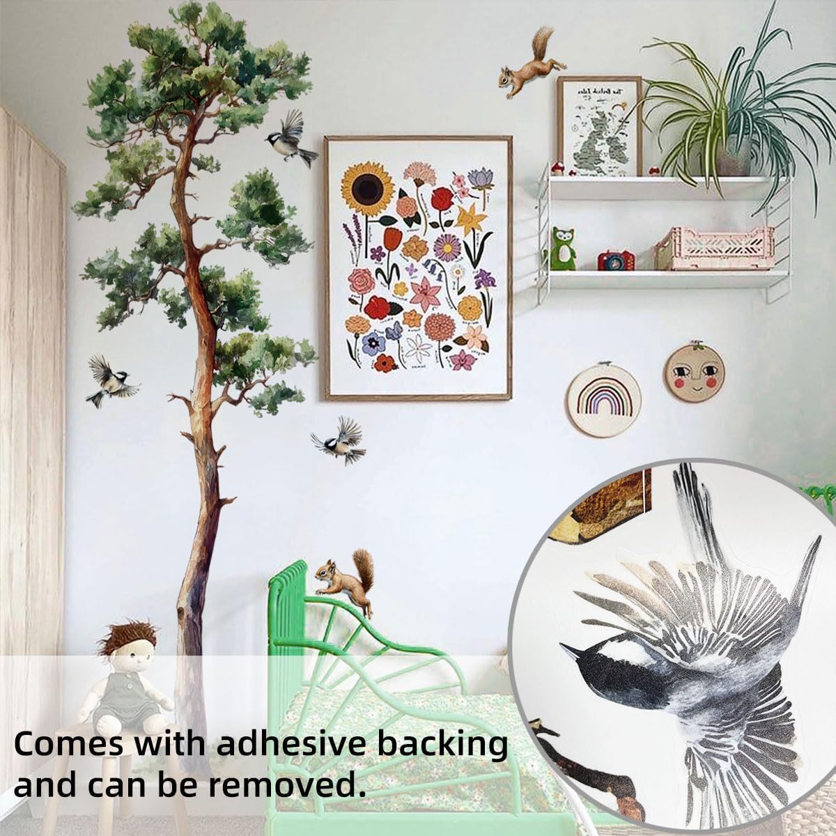Large Pine Tree Wall Decals Forest Watercolor Squirrel Bird Wall Stickers Peel / Watercolor Tree