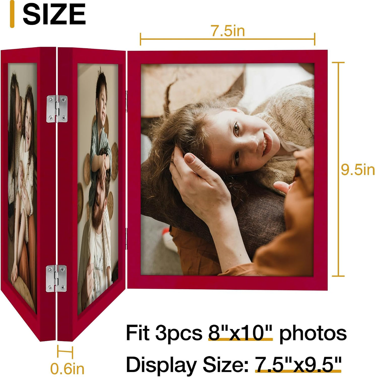 decorUhome Red Triple 8x10 Picture Frame Vertical, MDRD08 | "Z" Shape Folding Design Engineered Wood Trifold Photo