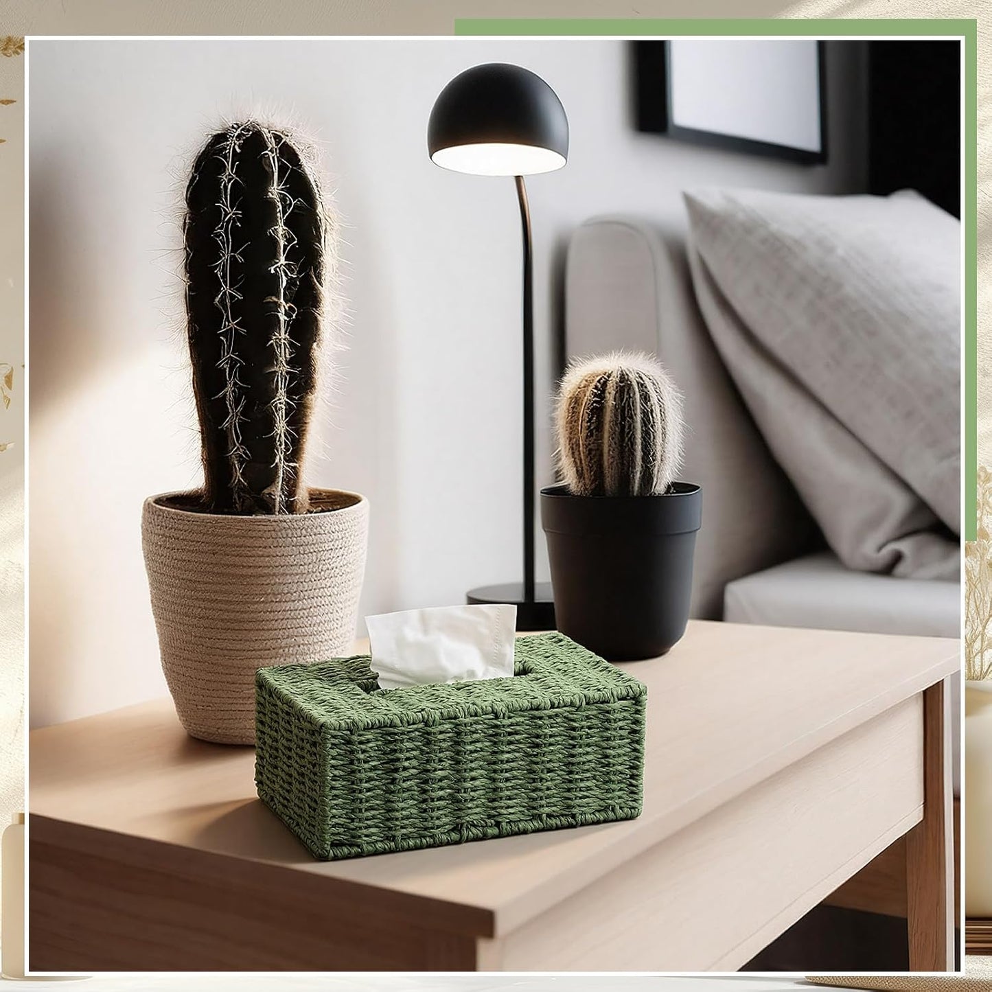 Tissue Box Cover Natural Paper Rope Hand Tissue Box Holder / Sage Green / Woven / Rectangle