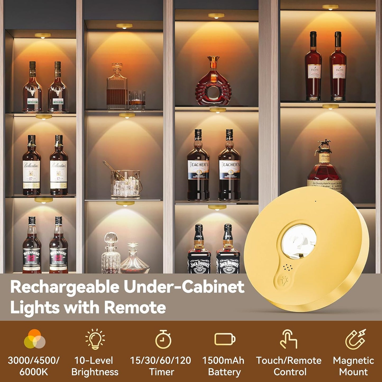 Yiliaw Rechargeable Puck Lights with Remote, 12 Pack Magnetic Under Cabinet Lighting, 1500mAh Battery Operated LED Tap
