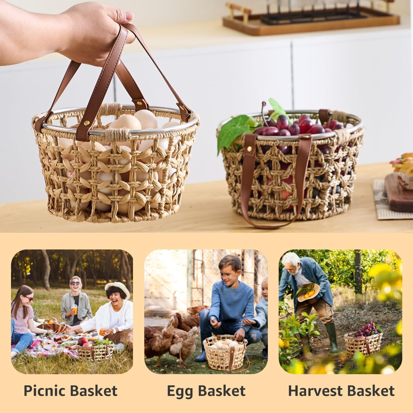 Farmhouse Wicker Egg Basket for Collecting Fresh Eggs / Round-water Hyacinth / Brown