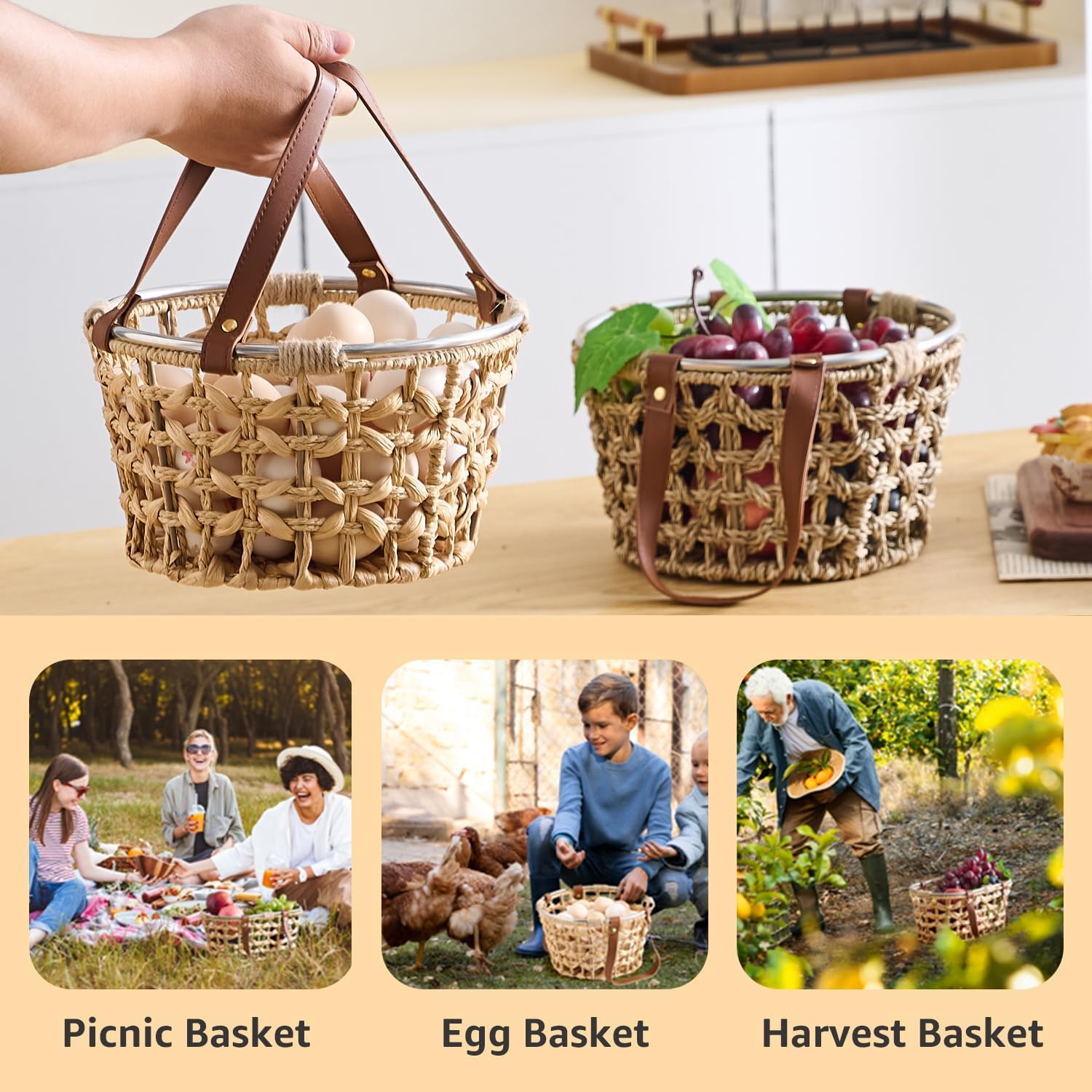 Farmhouse Wicker Egg Basket for Collecting Fresh Eggs / Round-water Hyacinth / Brown