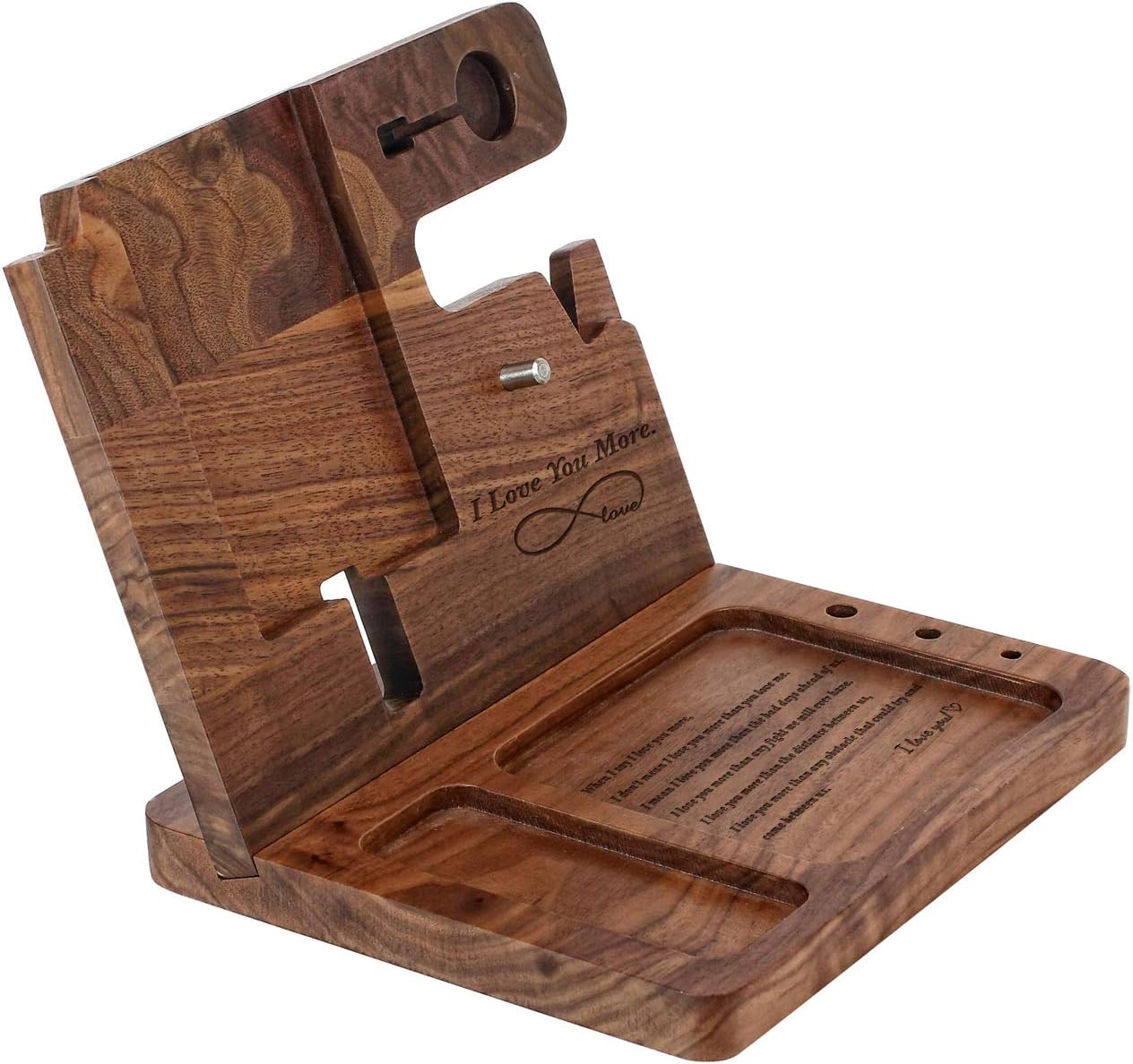 awofer Gifts for Men-Engraved Walnut Wood Docking Station-Nightstand with Phone Holder, Key Holder, Wallet Stand and