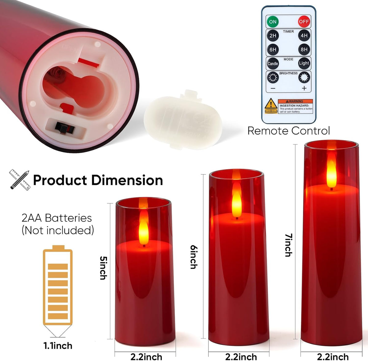 Homemory Red Flameless LED Pillar Candles, Remote Timer, 9 Pack | Battery operated flickering LED pillar c, les, dual